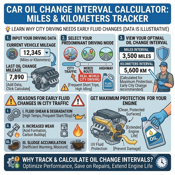 Interactive car oil change interval and mileage tracking calculator interface