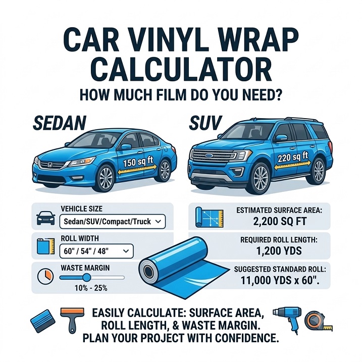 Car vinyl wrap calculator showing estimated film area and roll length