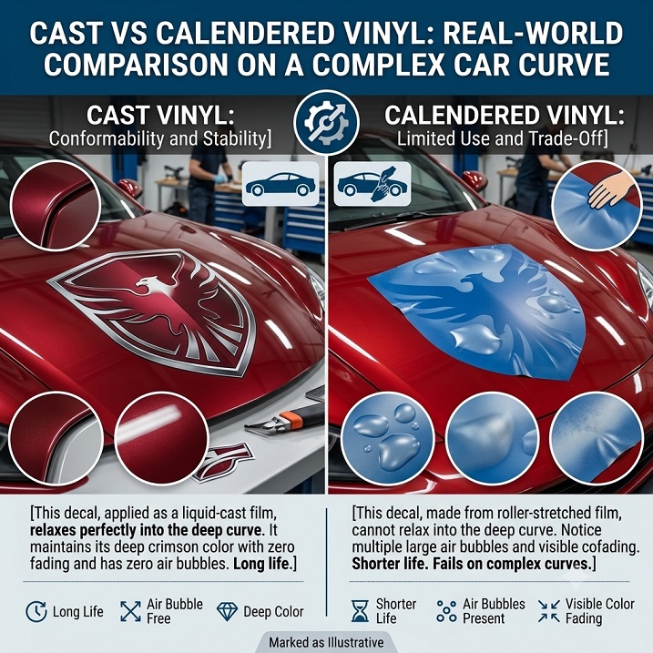 Cast vs calendered vinyl compared on a car decal, showing air bubbles and color change