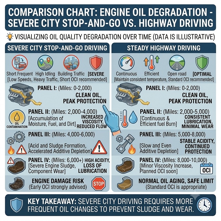 Comparison chart showing engine oil degradation under severe city stop-and-go vs highway driving