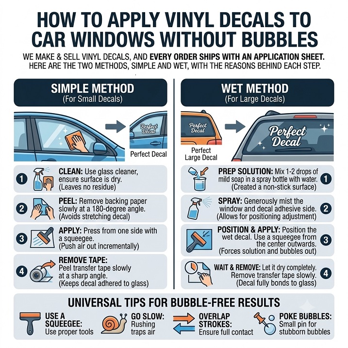 Applying a vinyl decal to a car window with a squeegee