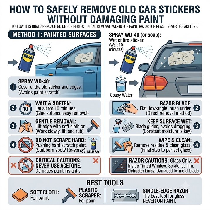 emoving an old sticker from a car with WD-40 and a soft cloth