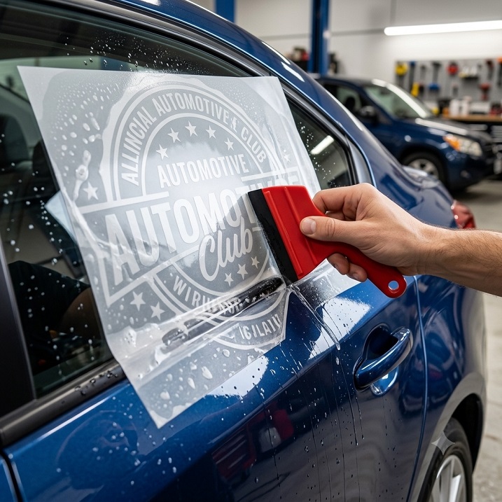 Squeegee pushing water out from under a large vinyl decal