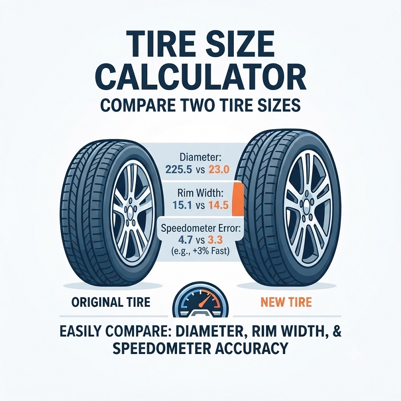 Tire size calculator comparing a staggered Mustang tire setup