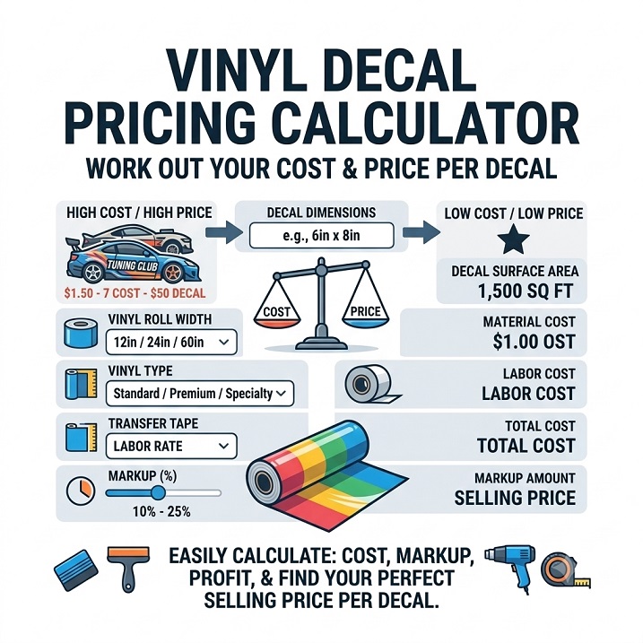 Vinyl decal pricing calculator showing cost, price and profit per decal
