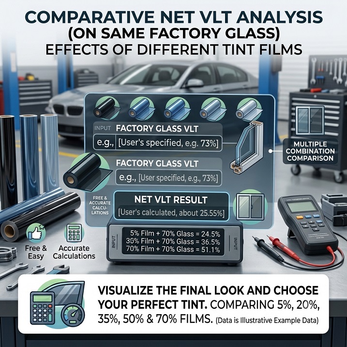 VLT tint comparison of 5, 20, 35, 50 and 70 percent film on the same factory glass
