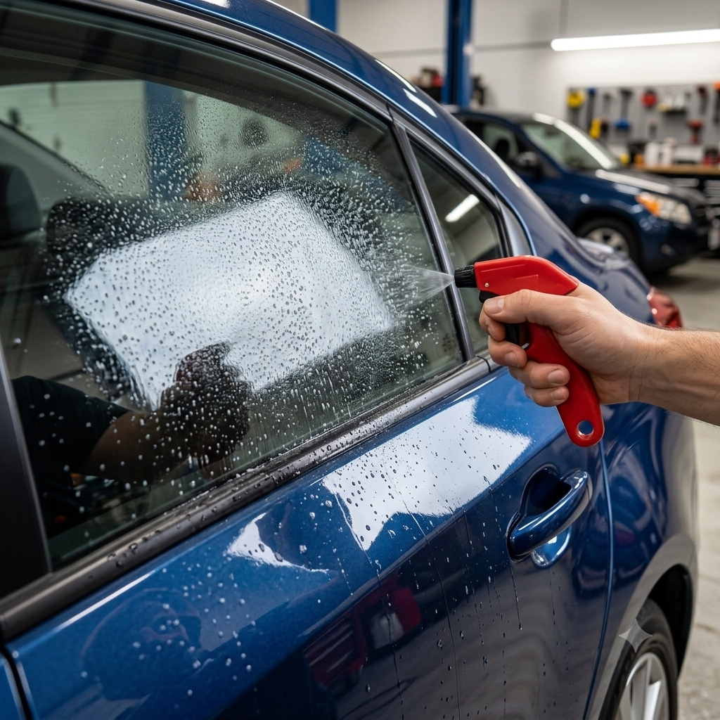 Spraying soapy water on a car window before applying a large vinyl decal