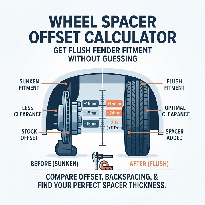 Wheel spacer offset calculator showing wheel cross-section comparison